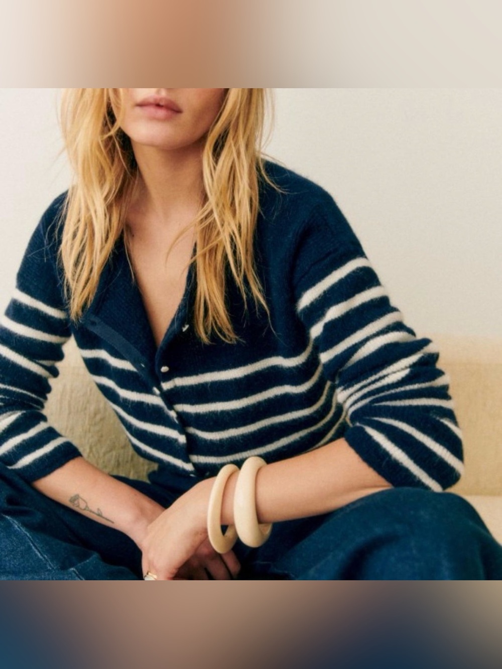 Sezane Navy & Cream Striped Button-Front Cardigan